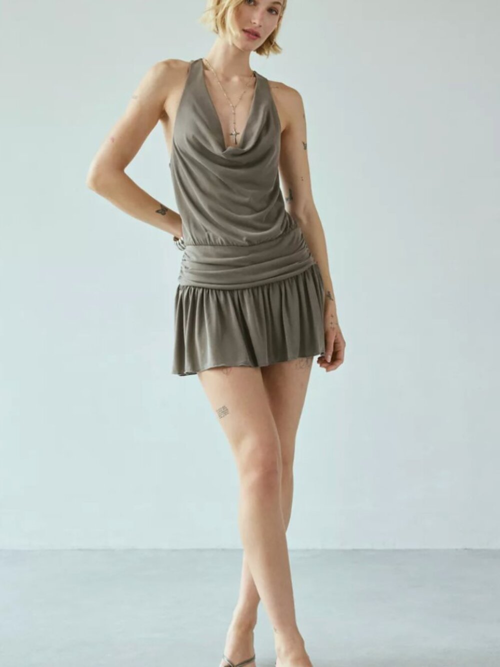 Urban Outfitters Pamela Cowl Neck Draped Knit Mini Romper
